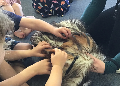Children touching a cloak from the hands on collection.