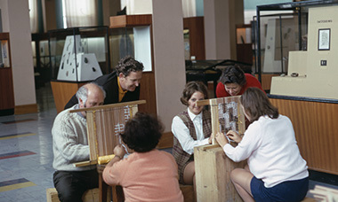 (IMAGE 1) Tukutuku Weaving At Taranaki Museum, 1969.  Photographer Rigby Allan.  PHO2011 0598. 'TUKUTUKU'